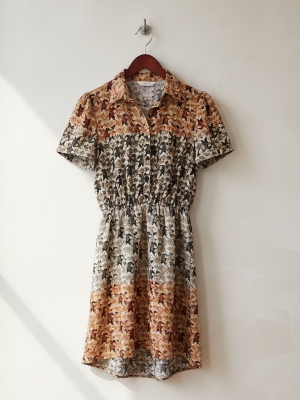 Suzy Shier Floral High-Low Shirt Dress Brown Tan Size M